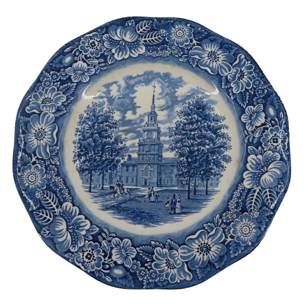 Independence Hall Liberty Blue Staffordshire Ironstone Flower Plate England VTG
